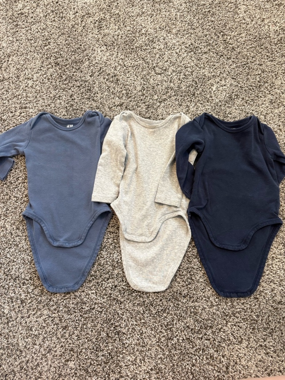 H&M Long-Sleeve Baby Bodysuits - Navy, Blue, Light Gray (3-Pack Look)